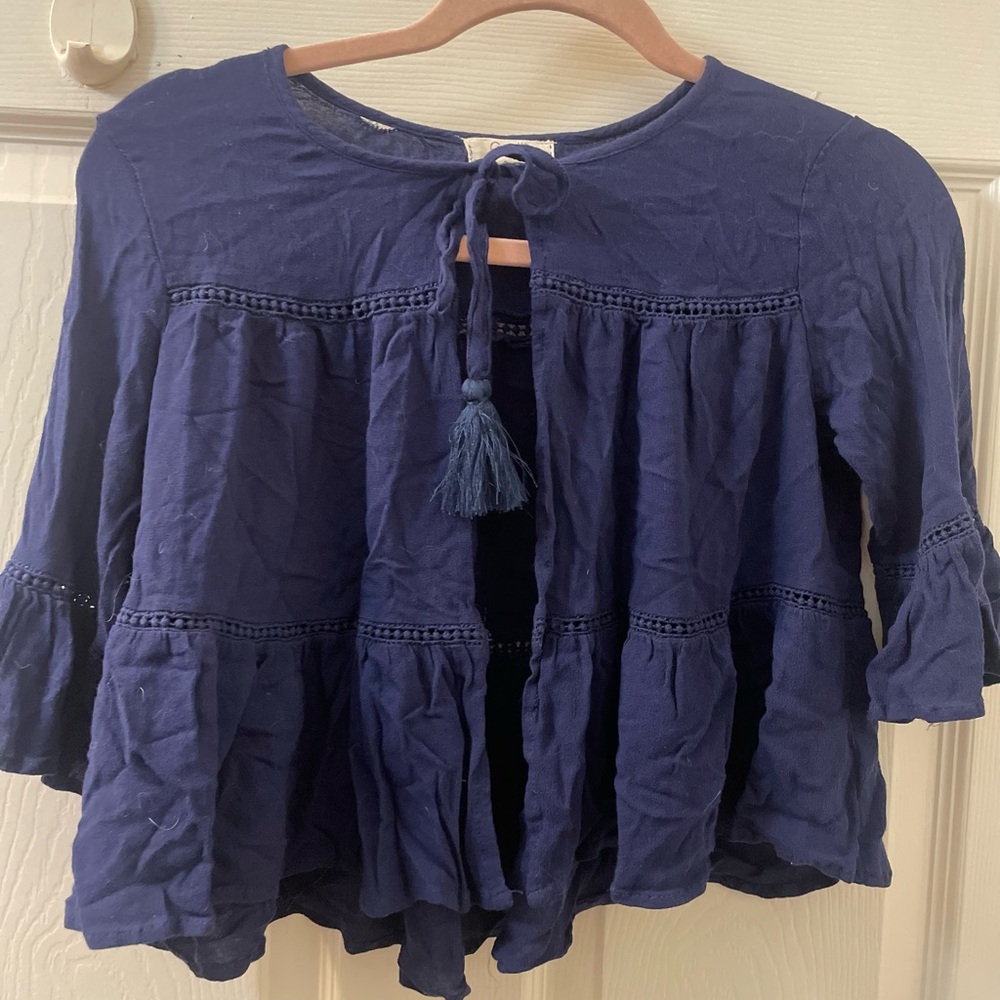 Blue 3/4 Sleeve Ruffled Blouse with Tie Front